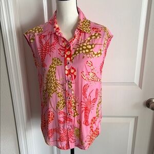 Maison d’Amelie Sleeveless Tropical Print lobster Button-Front Top